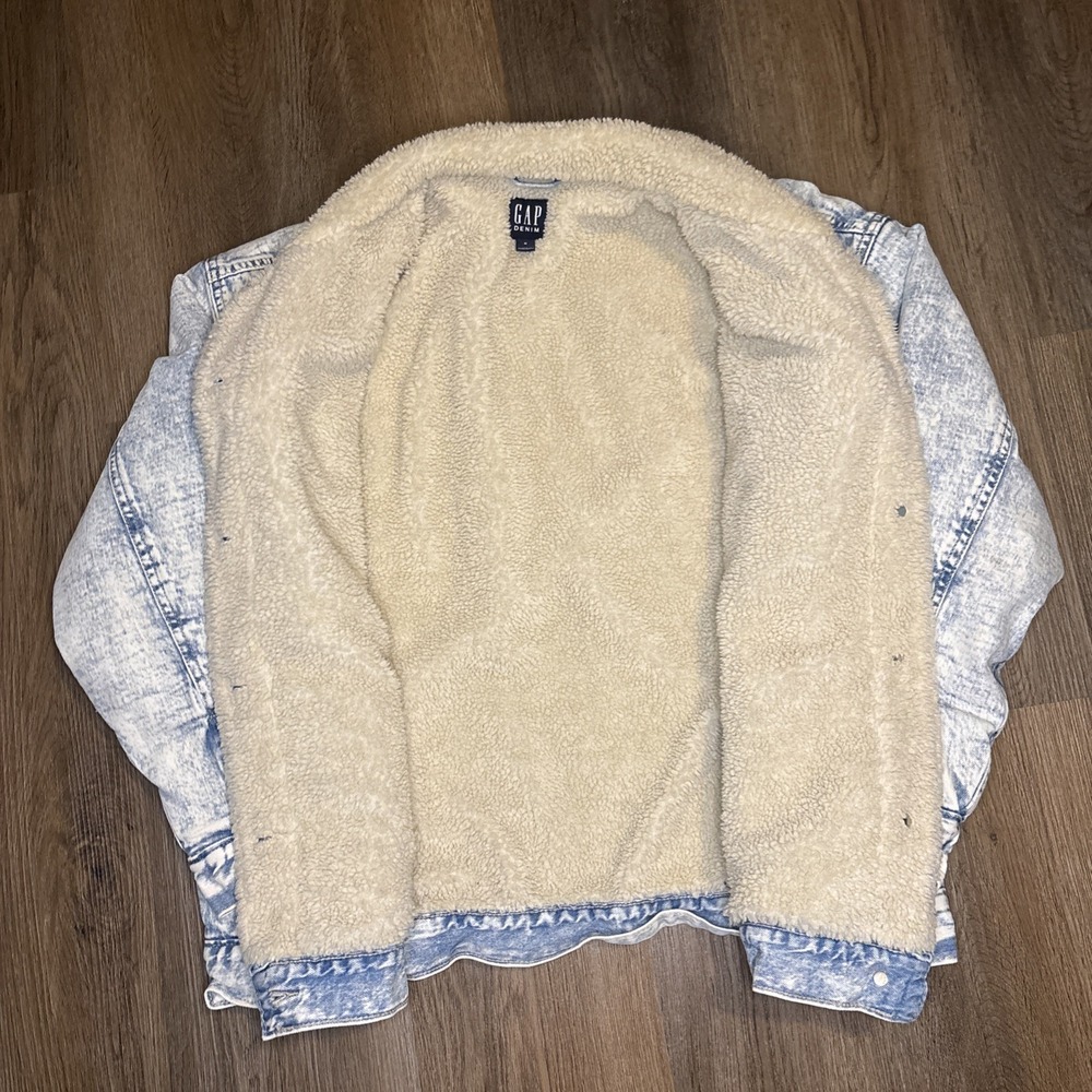 Gap Denim Jacket Women's Medium Blue Acid Wash Jean Sherpa Lined Trucker Retro - Picture 3 of 12